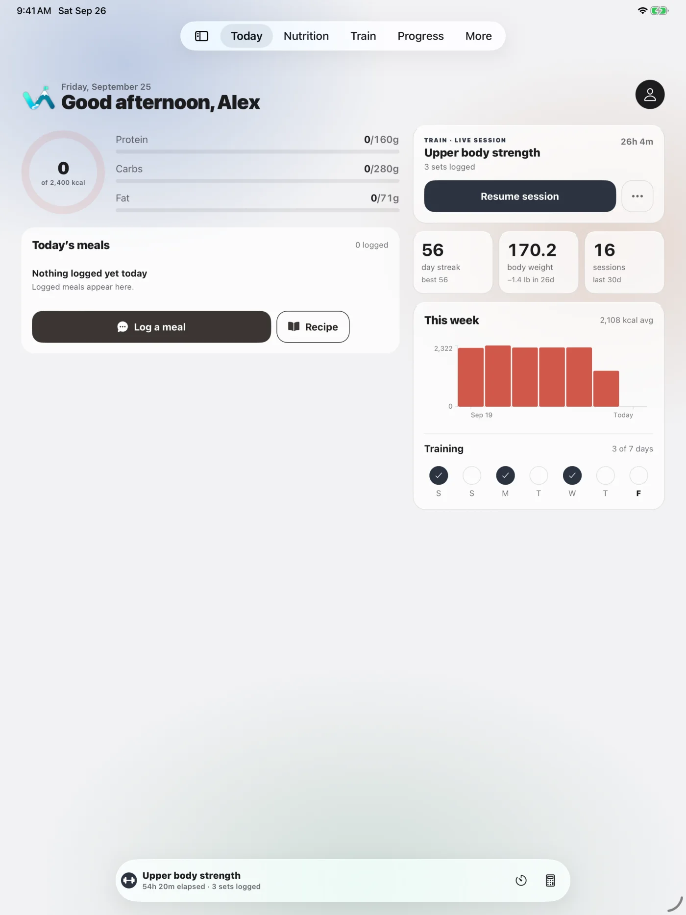 Current Vantage iPad dashboard with nutrition, an active workout, weekly calories, and training consistency
