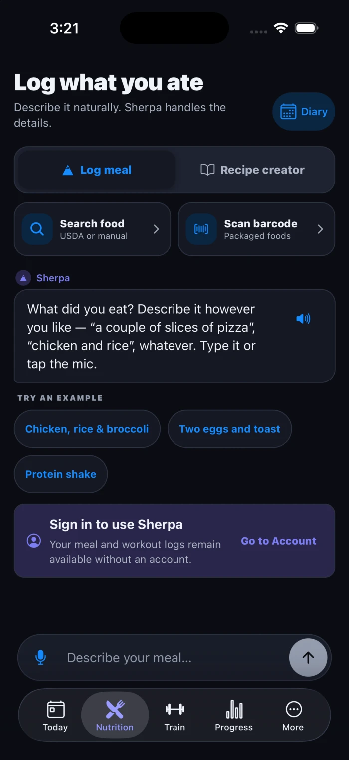Current Vantage meal logging screen with natural language, food search, barcode scan, and recipe creation