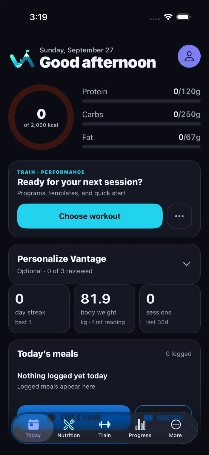 Current Vantage Today screen showing nutrition targets and the next workout