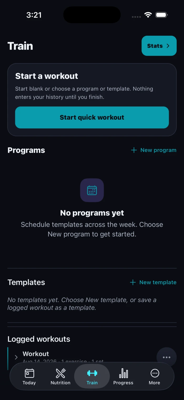Current Vantage Train screen with quick workout, programs, templates, and workout history