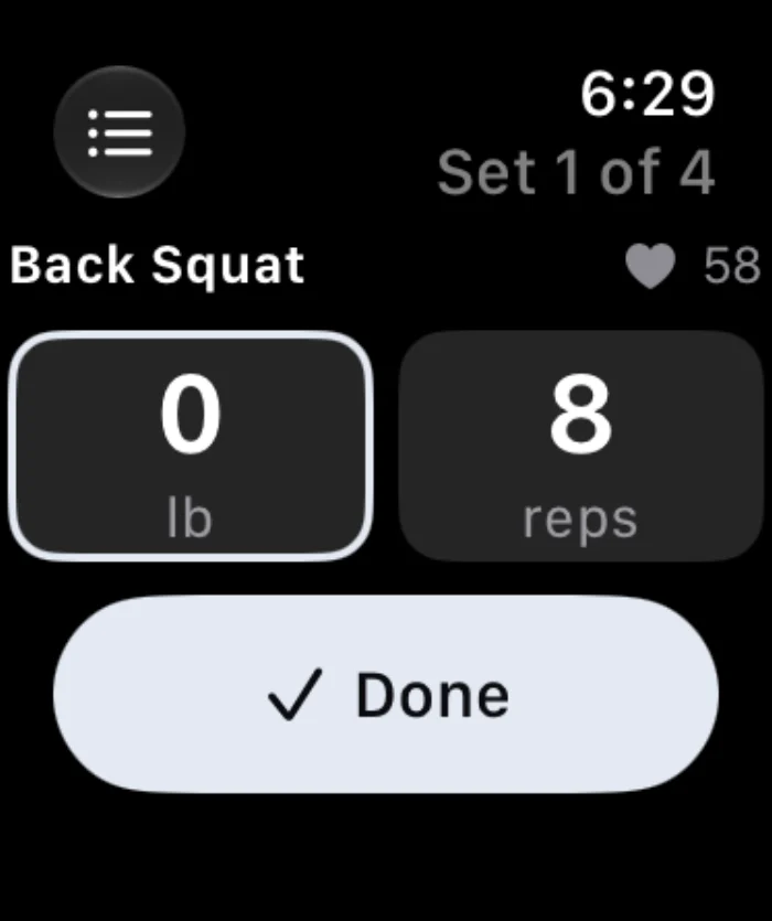 Current Vantage Apple Watch app logging Back Squat set 1 of 4